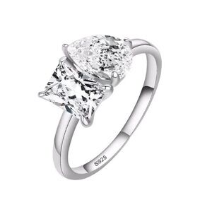 925 Sterling Silver Emerald And Pear CZ Engagement Ring